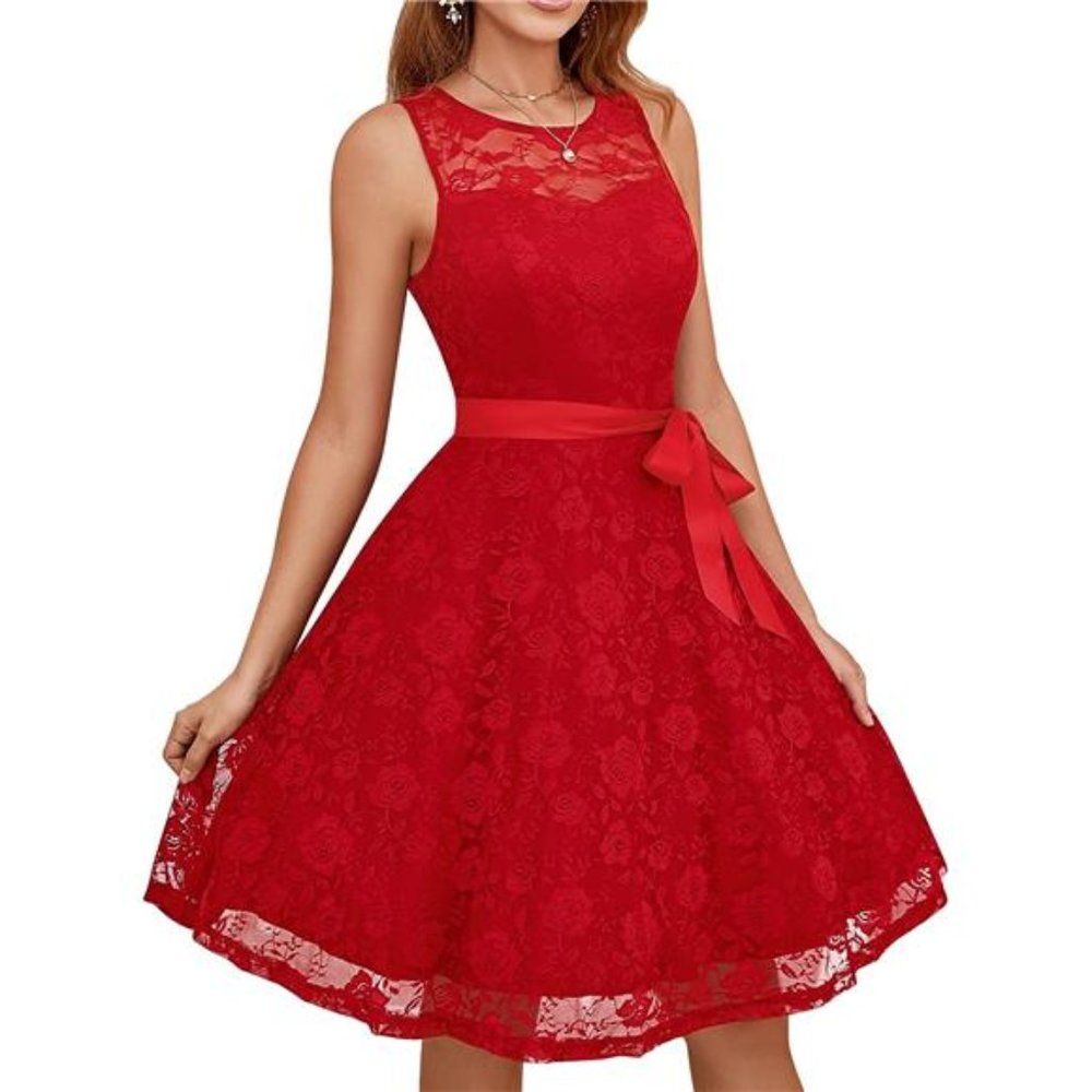 Women's Red Cute Floral Lace Dress, Bridesmaid Prom Wedding Midi Dresses